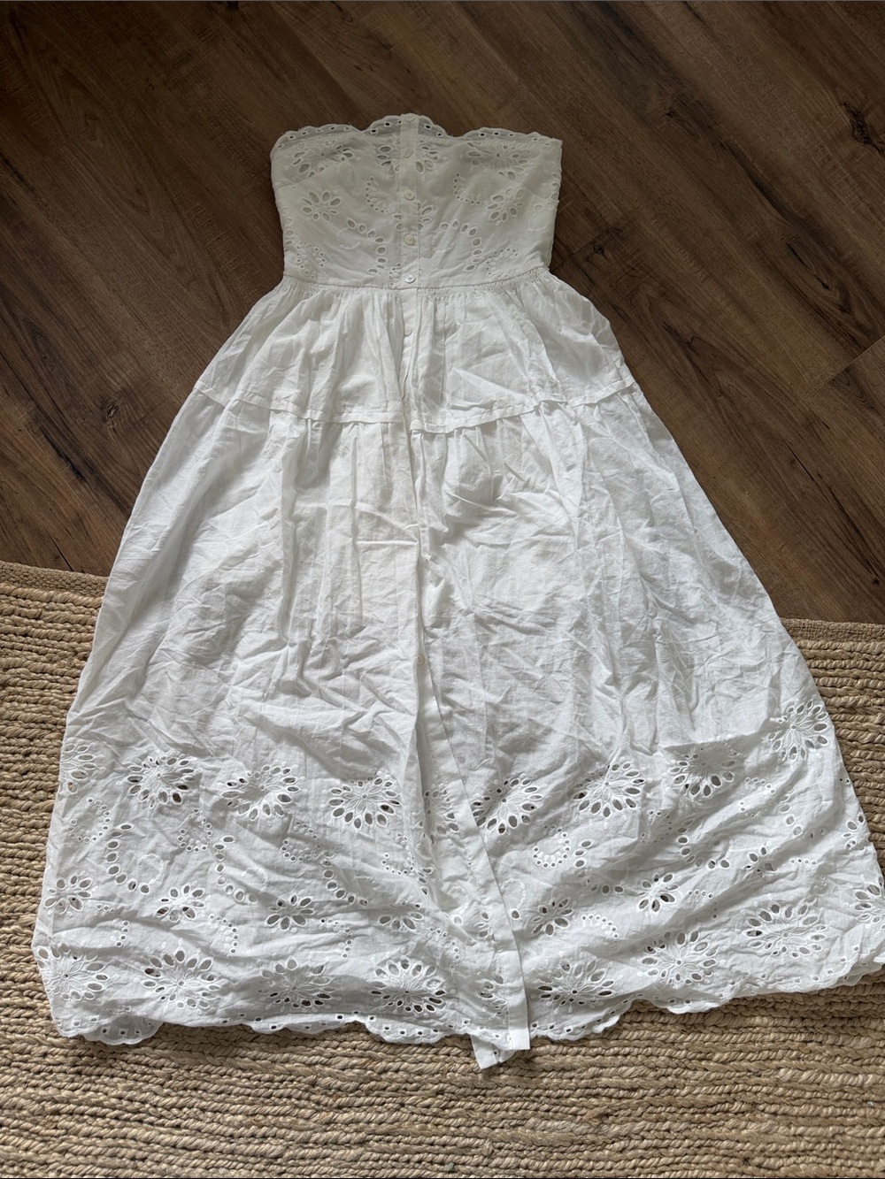 Stitch and Feather White Strapless Eyelet Maxi Dress